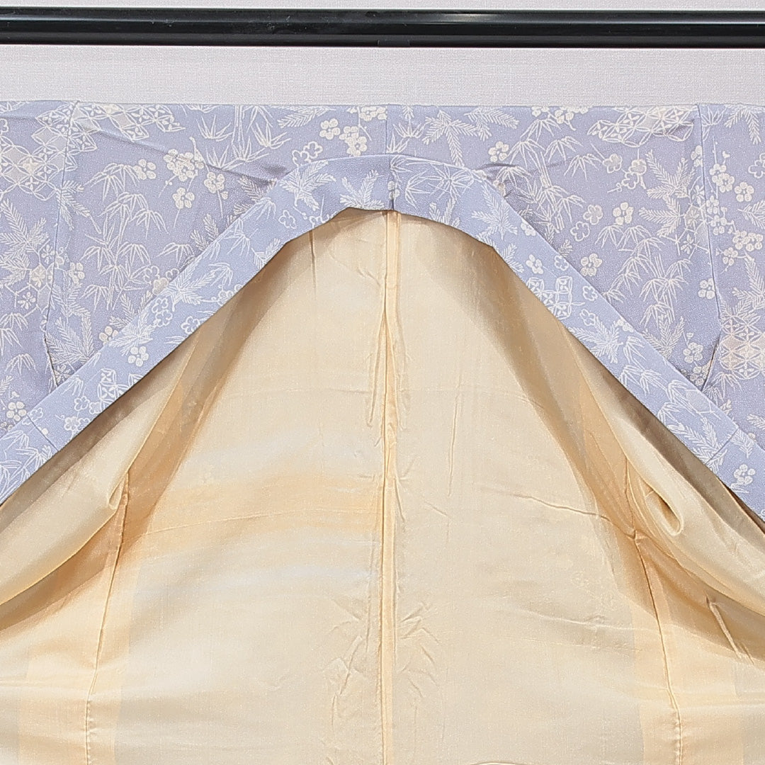 小紋 袷 身丈161cm 裄丈63cm 正絹 Aランク Lサイズ バチ衿 インフォーマル 七宝 梅 水色系 1215-15649