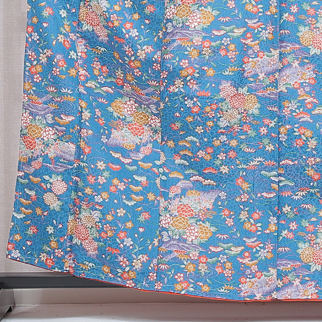 小紋 洗える着物 袷 身丈161cm 裄丈64cm ポリエステル Sランク Lサイズ 広衿 インフォーマル 古典柄 青系 1215-16208