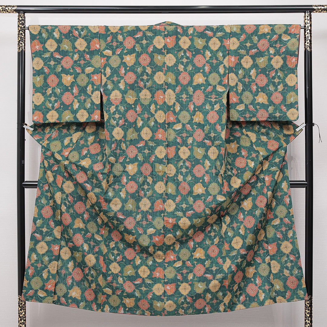 紬 袷 身丈150cm 裄丈65cm 正絹 Sランク カジュアル 広衿 Sサイズ 花柄 緑系 RP 1223-15110