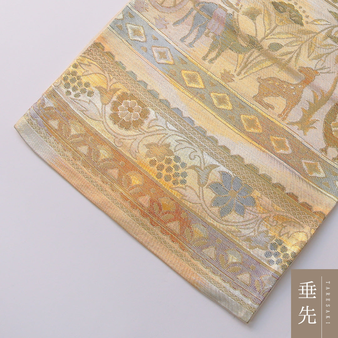 袋帯 帯丈408cm 正絹 六通 帯芯なし セミフォーマル アラベスク段文 コプト文様 多色系 金系 1243-01950