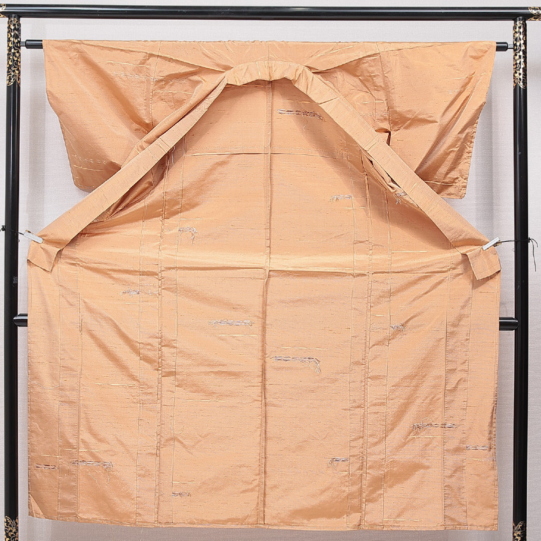 紬 単衣 身丈148cm 裄丈62cm 正絹 Dランク XSサイズ バチ衿 カジュアル 肩当て 無地 黄系 1216-15581