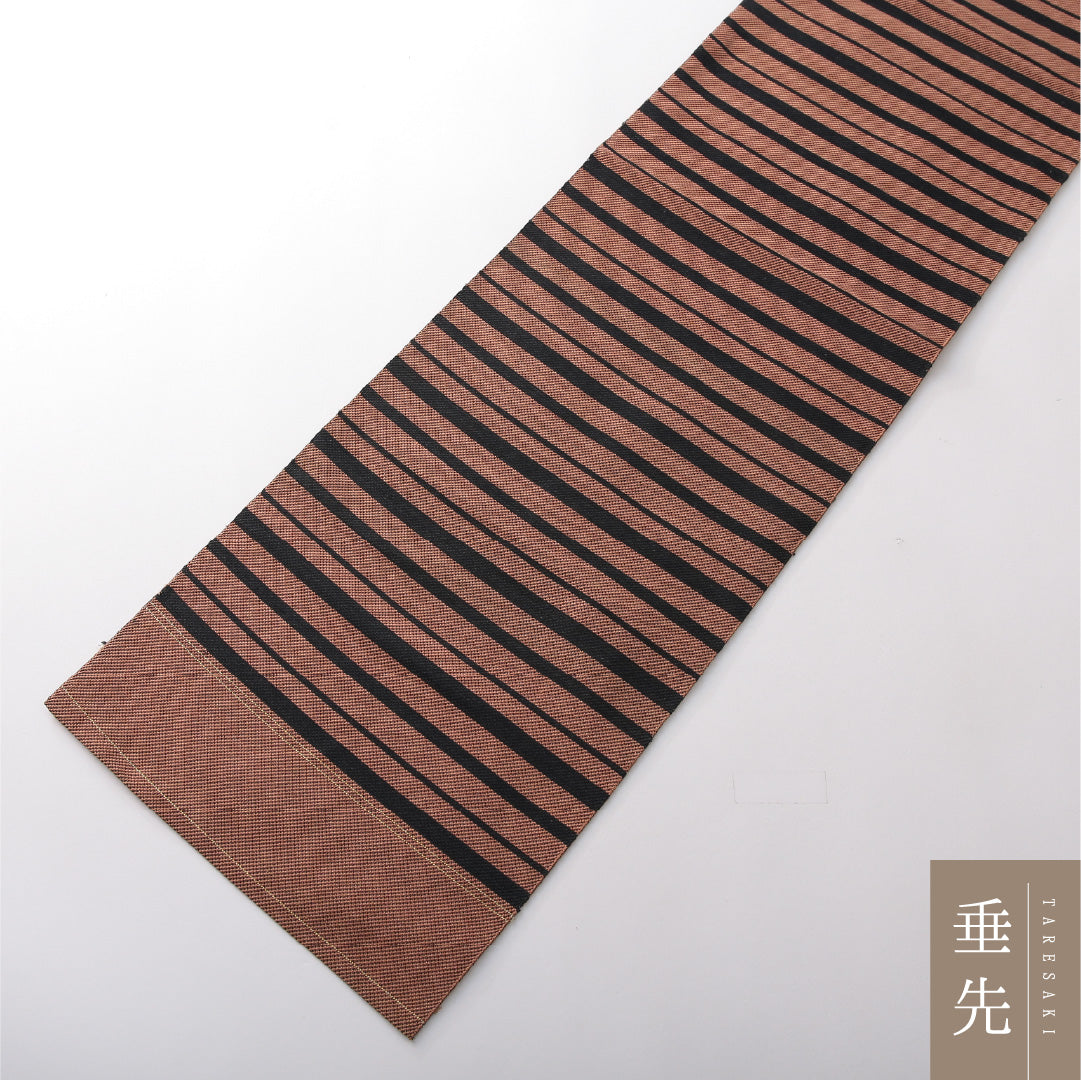 八寸名古屋帯 帯丈340cm カジュアル 開き仕立て 全通 未仕立て Sランク 正絹 博多織 縞 朱系 1224-03821