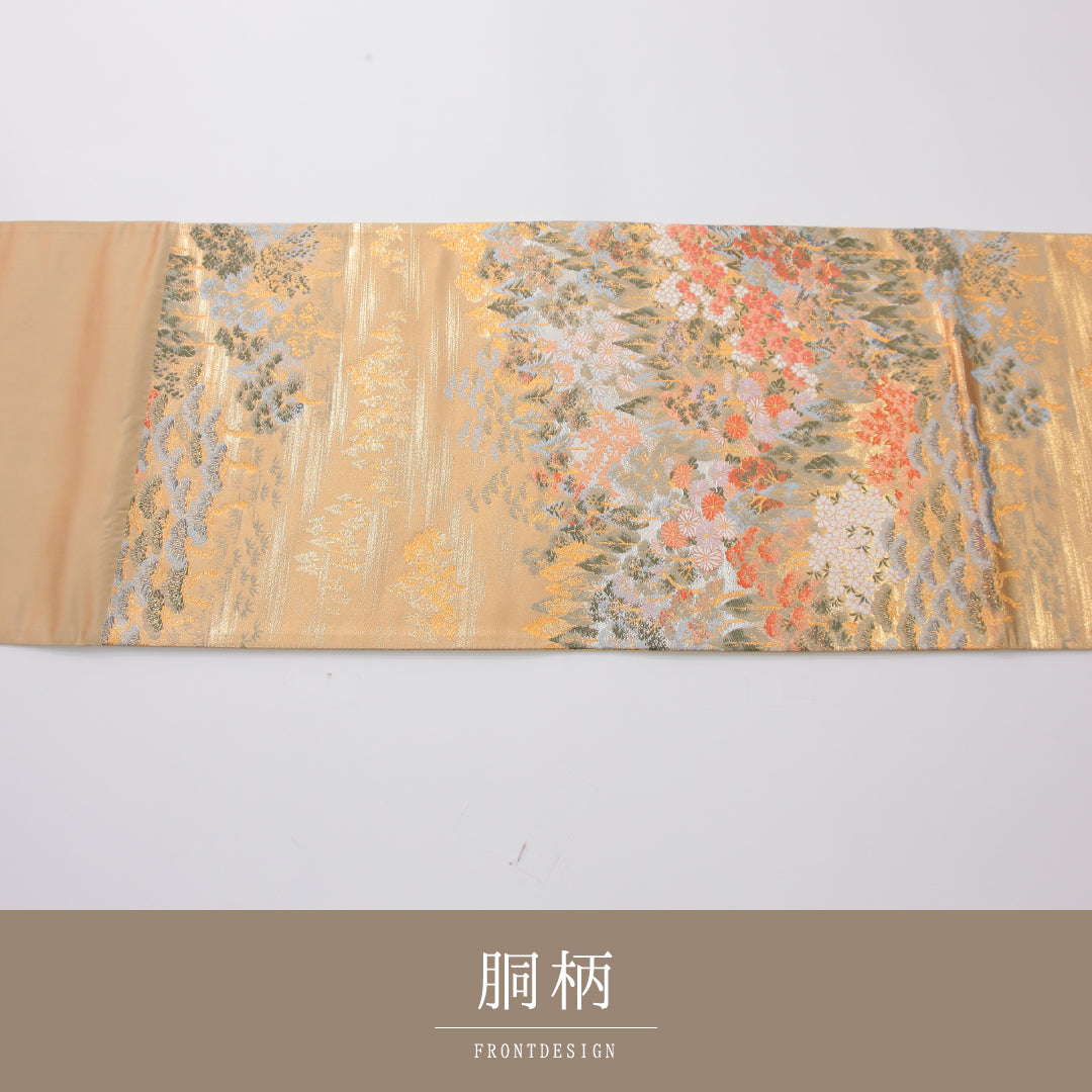 袋帯 帯丈436cm 翠祥錦 フォーマル 六通 Sランク 正絹 桜 松 証紙 金系 1223-02325