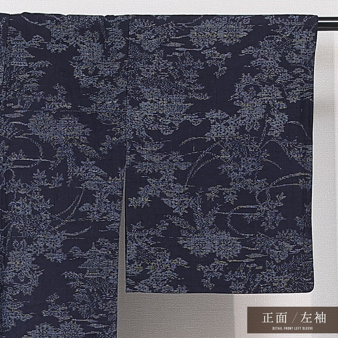 紬 単衣 身丈158cm 裄丈63cm 正絹 Sランク カジュアル 広衿 Mサイズ 植物柄 紺系 RP 1223-15336