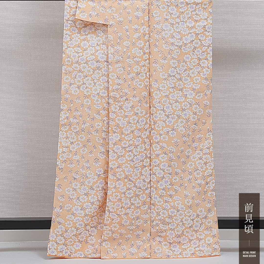 小紋 洗える着物 袷 身丈163cm 裄丈65cm ポリエステル Dランク Lサイズ 広衿 インフォーマル 撫子 クリーム系 朱系 1215-16353