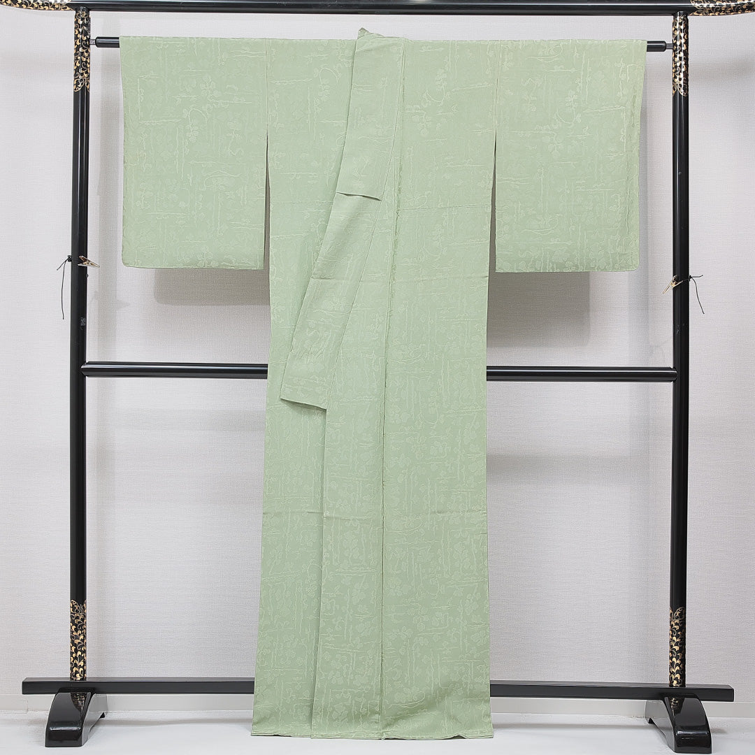 色無地 袷 身丈166cm 裄丈66cm 正絹 Cランク 一つ紋 (花菱) 紋意匠 (創作柄) セミフォーマル 広衿 XLサイズ 織り出し 緑系 HP 1219-15593