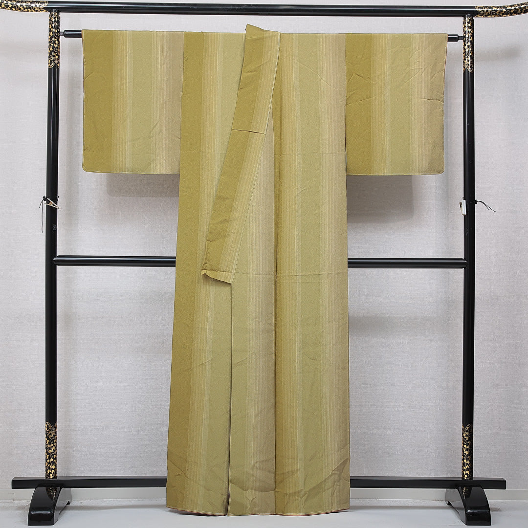 小紋 袷 身丈160cm 裄丈66cm 正絹 Sランク インフォーマル 広衿 Lサイズ 縞 緑系 RP 1221-15723