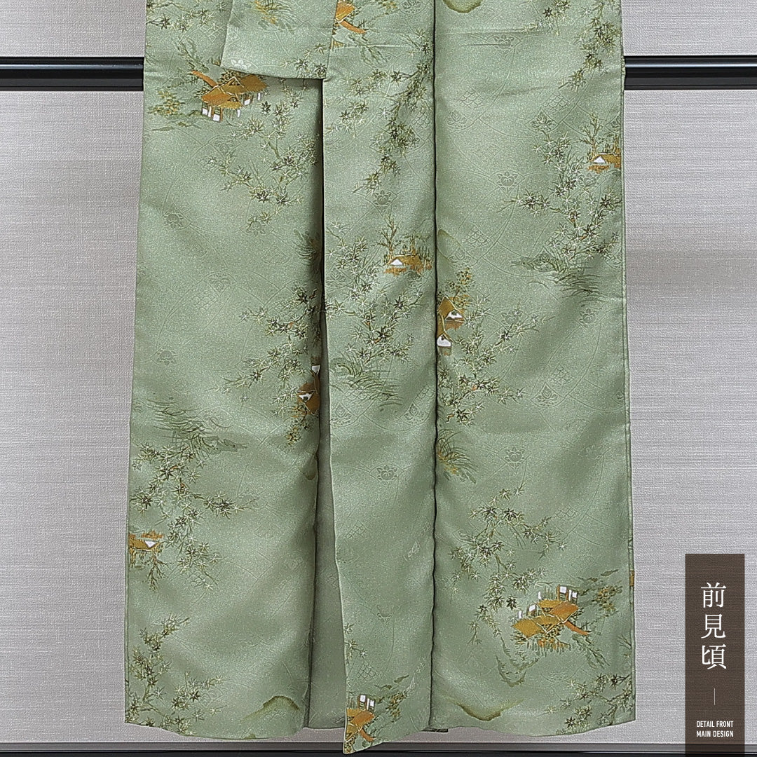 洗える着物 小紋 袷 身丈148cm 裄丈62cm ポリエステル Sランク 紋意匠 (吉祥文様) インフォーマル 広衿 XSサイズ 織り出し 茶屋辻 緑系 RP 1221-16108