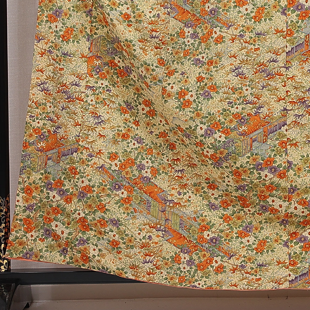 洗える着物 小紋 袷 身丈160cm 裄丈64cm ポリエステル Sランク インフォーマル 広衿 Lサイズ 茶屋辻 クリーム系 RP 1221-16357