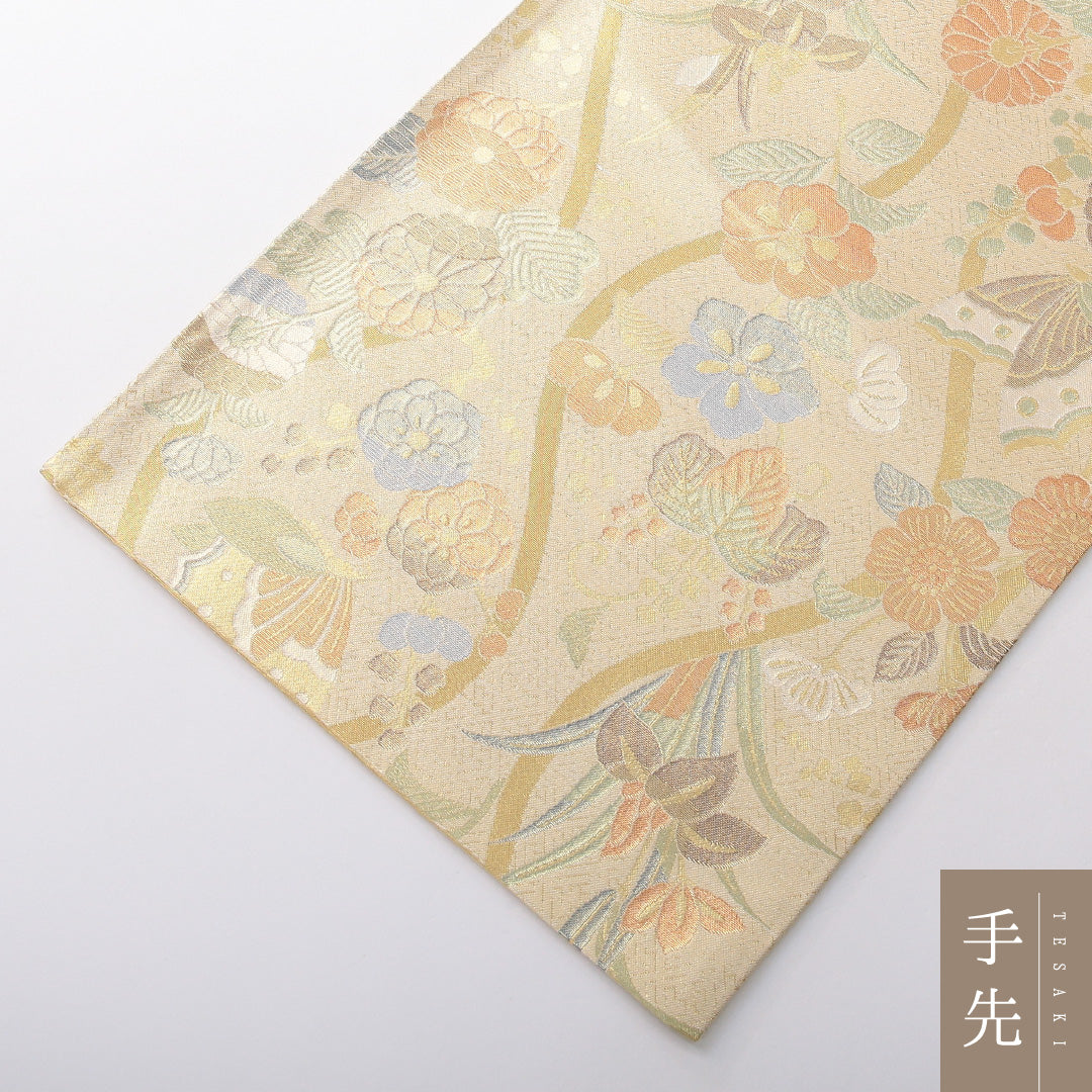 袋帯 帯丈436cm 正絹 六通 フォーマル 四季草花 立涌 桐 蝶 クリーム系 1243-02104
