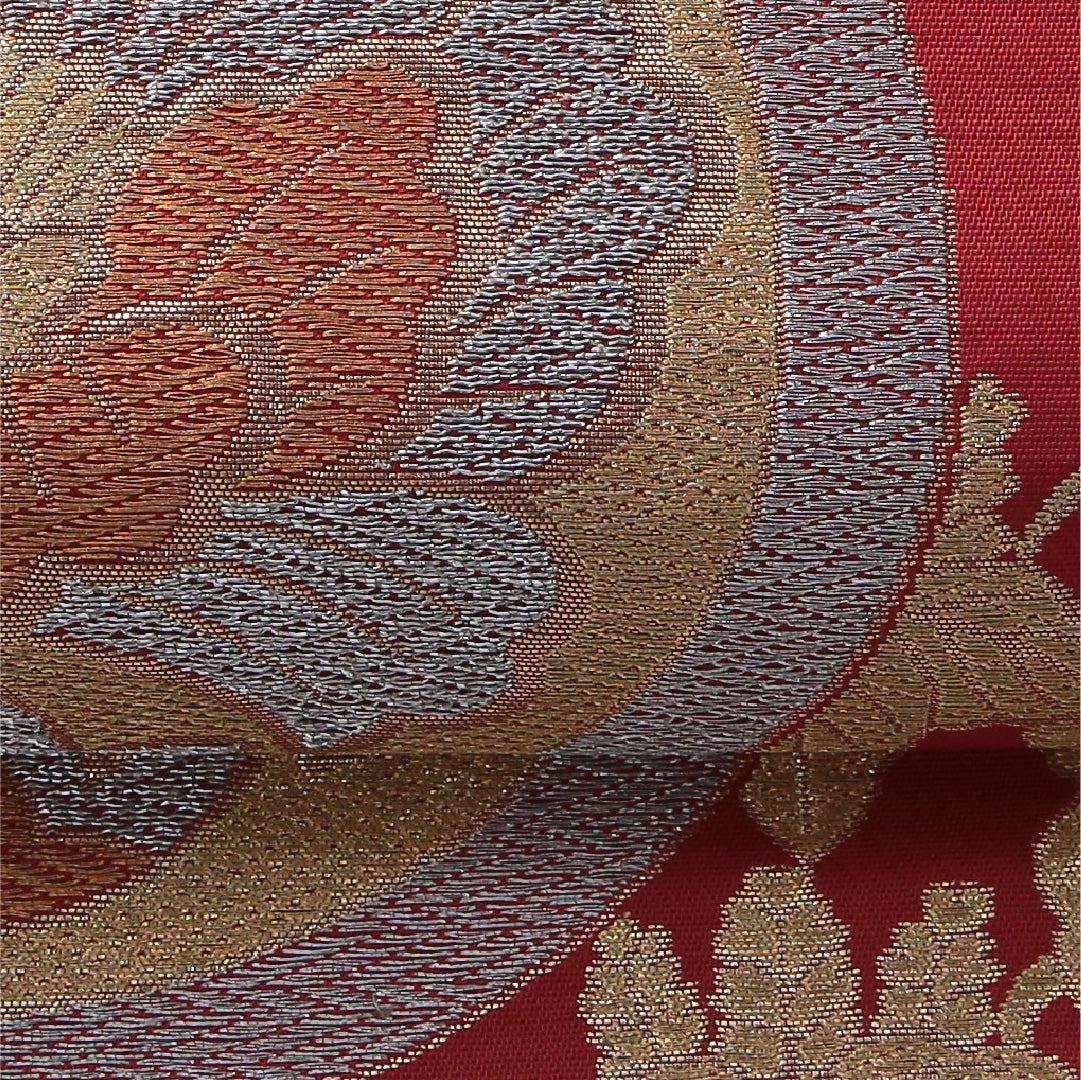 九寸名古屋帯 帯丈396cm セミフォーマル 開き仕立て 六通 Cランク 正絹 有職文様 赤系 1224-03499