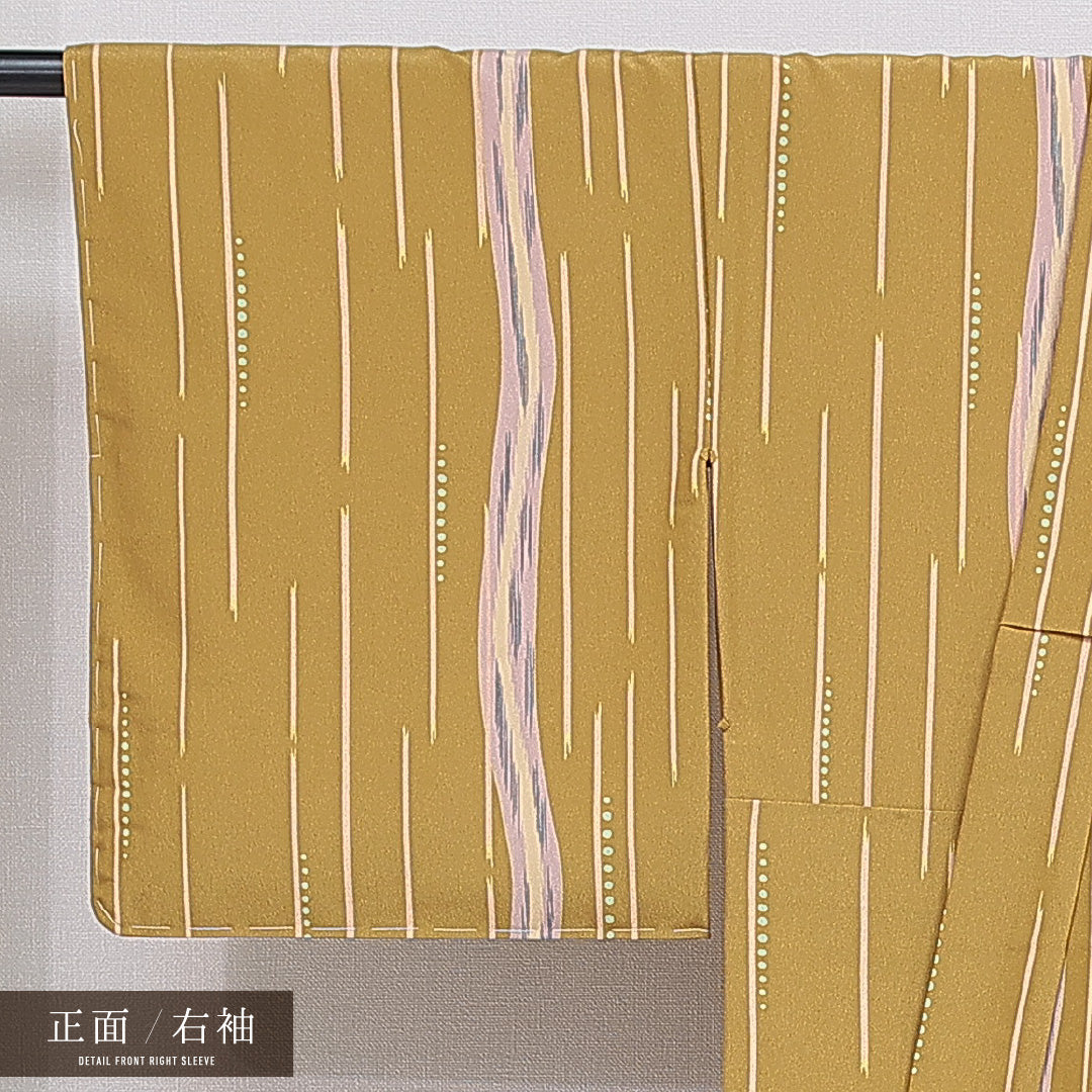 洗える着物 小紋 袷 身丈159cm 裄丈65cm ポリエステル Sランク インフォーマル バチ衿 Mサイズ 創作柄 黄系 RP 1221-16251