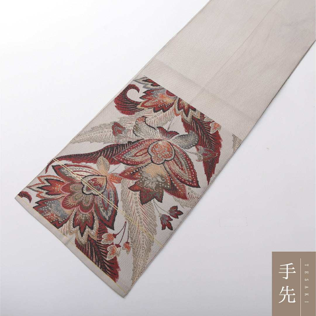 アンティーク 八寸名古屋帯 帯丈364cm セミフォーマル 開き仕立て ポイント柄 Aランク 正絹 綴れ織 ペルシャ文様 ベージュ系 多色系 1224-03688