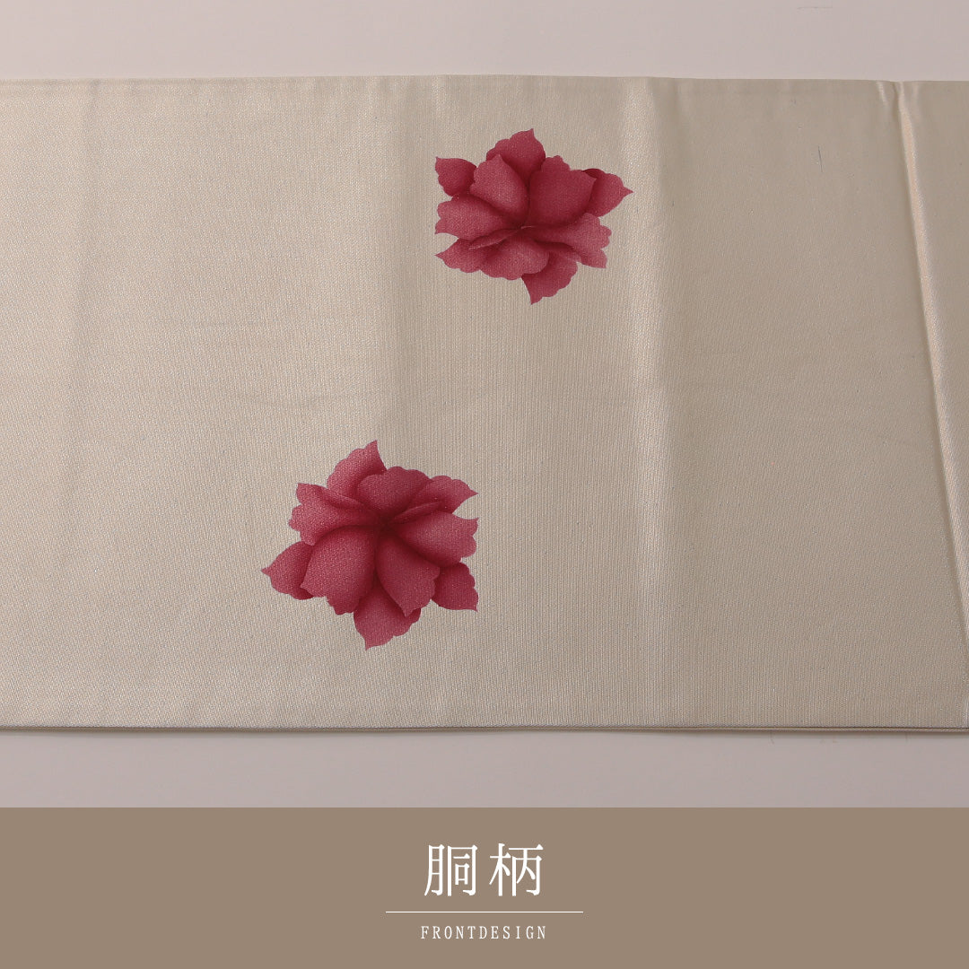 袋帯 帯丈432cm セミフォーマル ポイント柄 Aランク 正絹 染め帯 牡丹 クリーム系 赤系 1223-01903