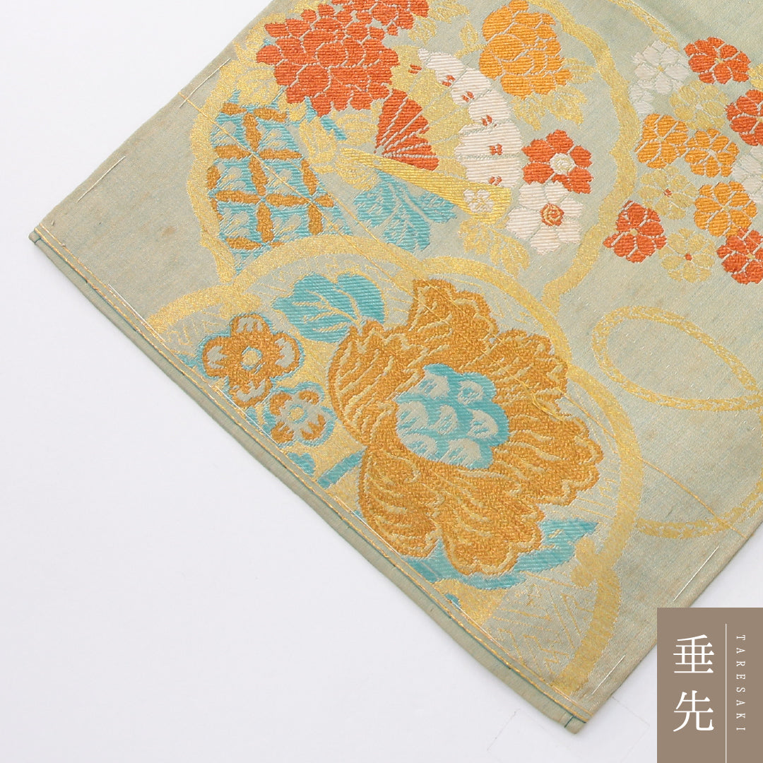 アンティーク 九寸名古屋帯 帯丈342cm 名古屋仕立て 六通 Cランク 正絹 花柄 緑系 1224-04048