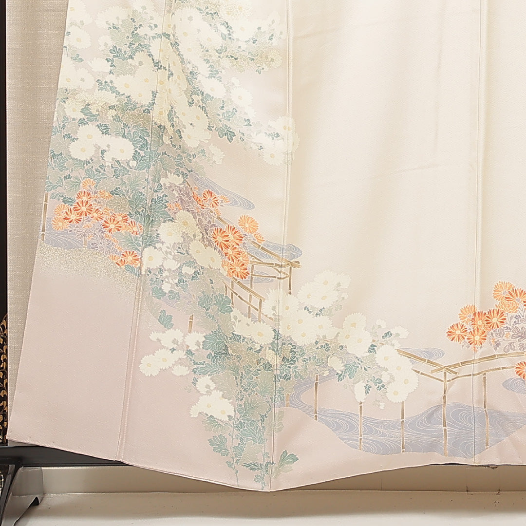 訪問着 袷 身丈158cm 裄丈64cm 正絹 Cランク Mサイズ 広衿 セミフォーマル 流水 菊 クリーム系 1212-16911