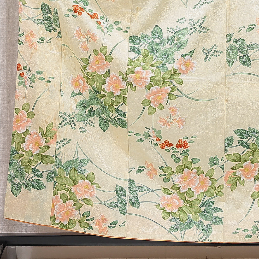 小紋 洗える着物 袷 身丈160cm 裄丈64cm ポリエステル Cランク Lサイズ バチ衿 インフォーマル 椿 クリーム系 1215-15839