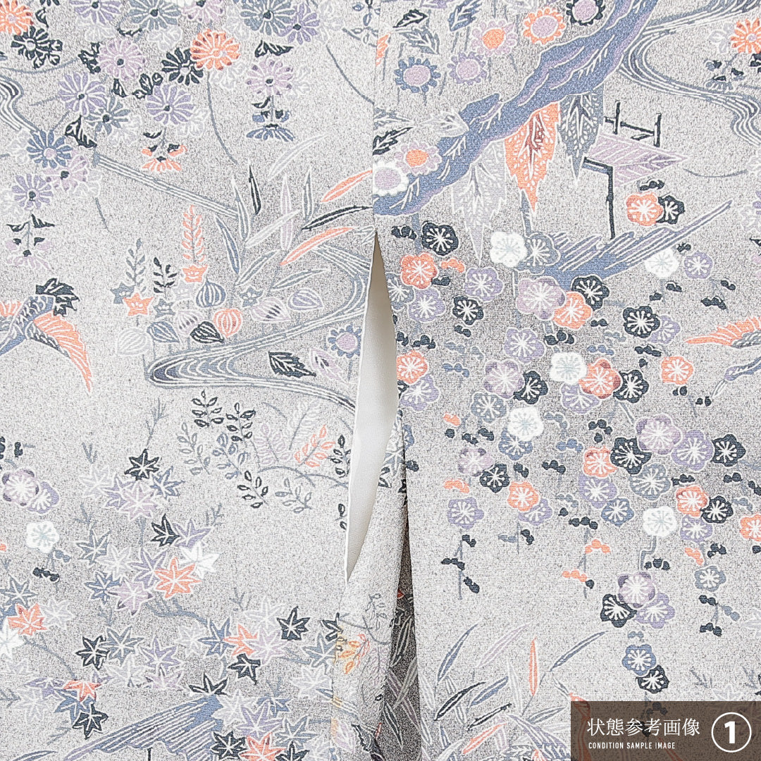 小紋 袷 身丈159cm 裄丈65cm 正絹 Aランク インフォーマル 広衿 Mサイズ 花喰鳥 梅 グレー系 RP 1221-15549
