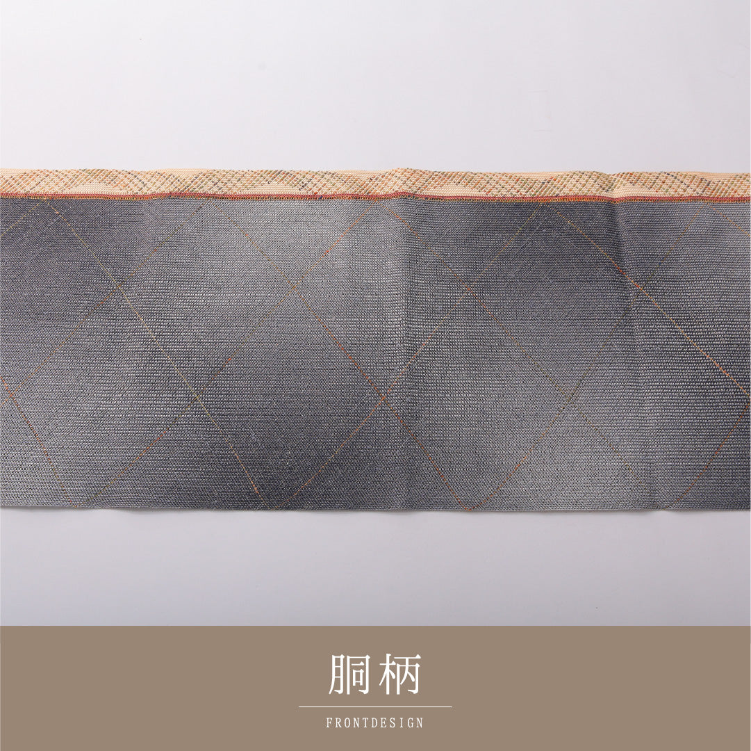 八寸名古屋帯 帯丈374cm カジュアル 松葉仕立て 全通 Sランク 正絹 創作柄 グレー系 1224-03617