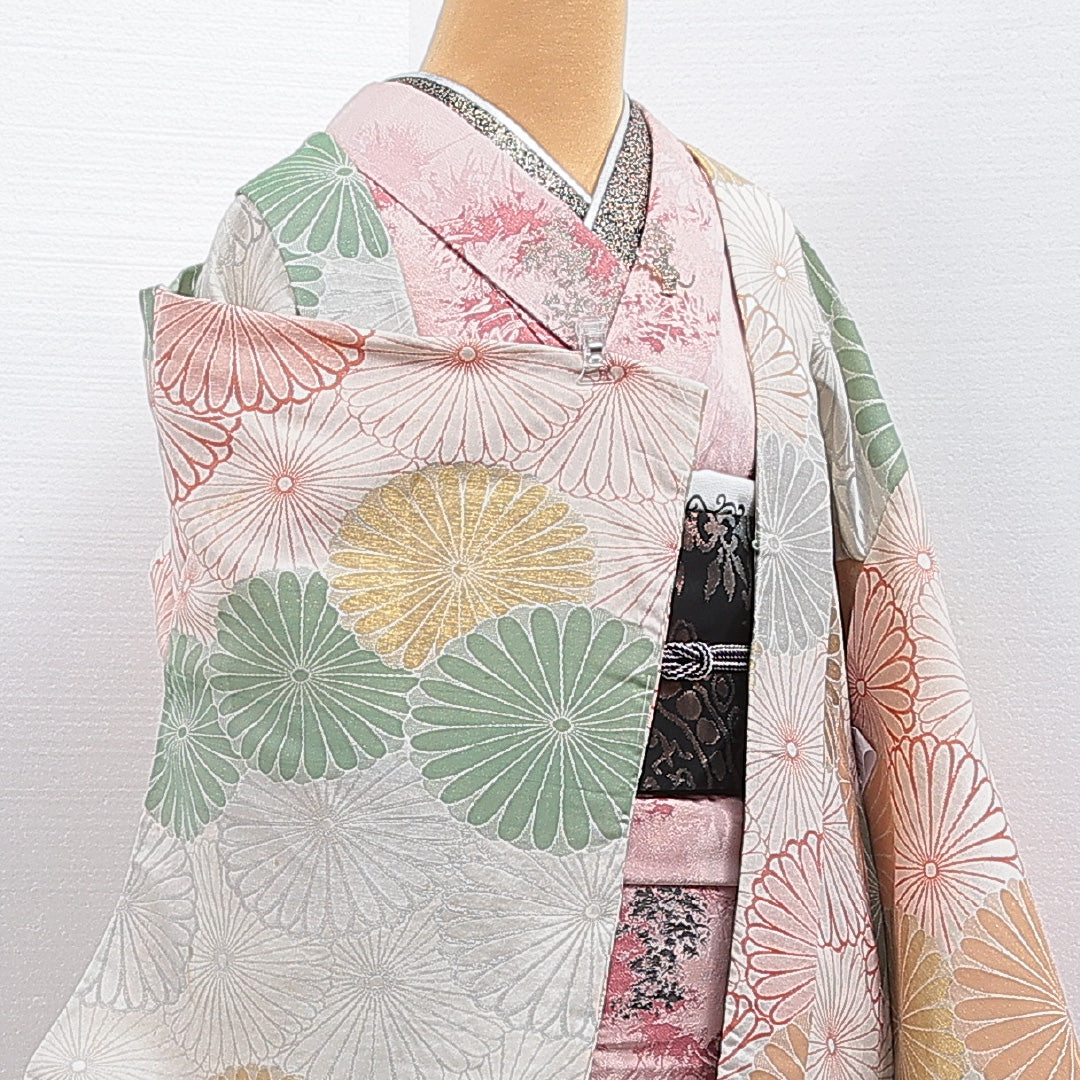 アンティーク 羽織 袷 身丈83cm 裄丈64cm 正絹 Bランク Mサイズ 菊 グレー系 M4 1232-16181