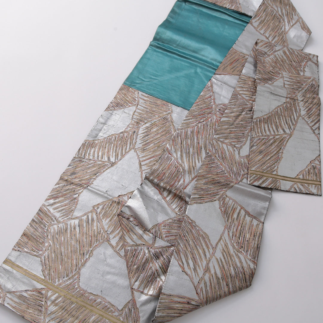 アンティーク 九寸名古屋帯 帯丈313cm カジュアル 名古屋仕立て 全通 Bランク 正絹 染め帯 ペンテ帯 創作柄 銀系 1224-03247