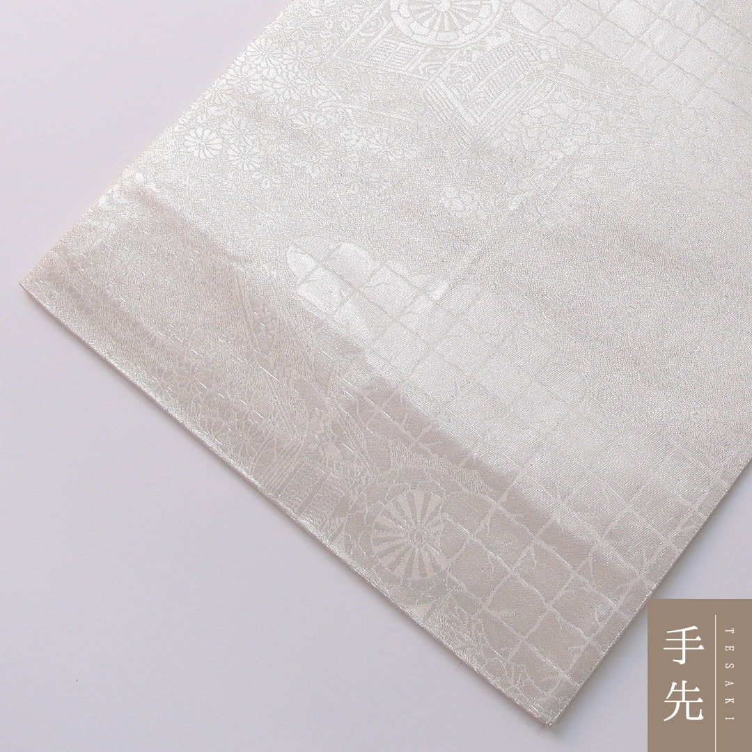 袋帯 帯丈436cm 正絹 六通 フォーマル 平安絵巻 御所解 吉祥文様 銀系 白系 1243-01965