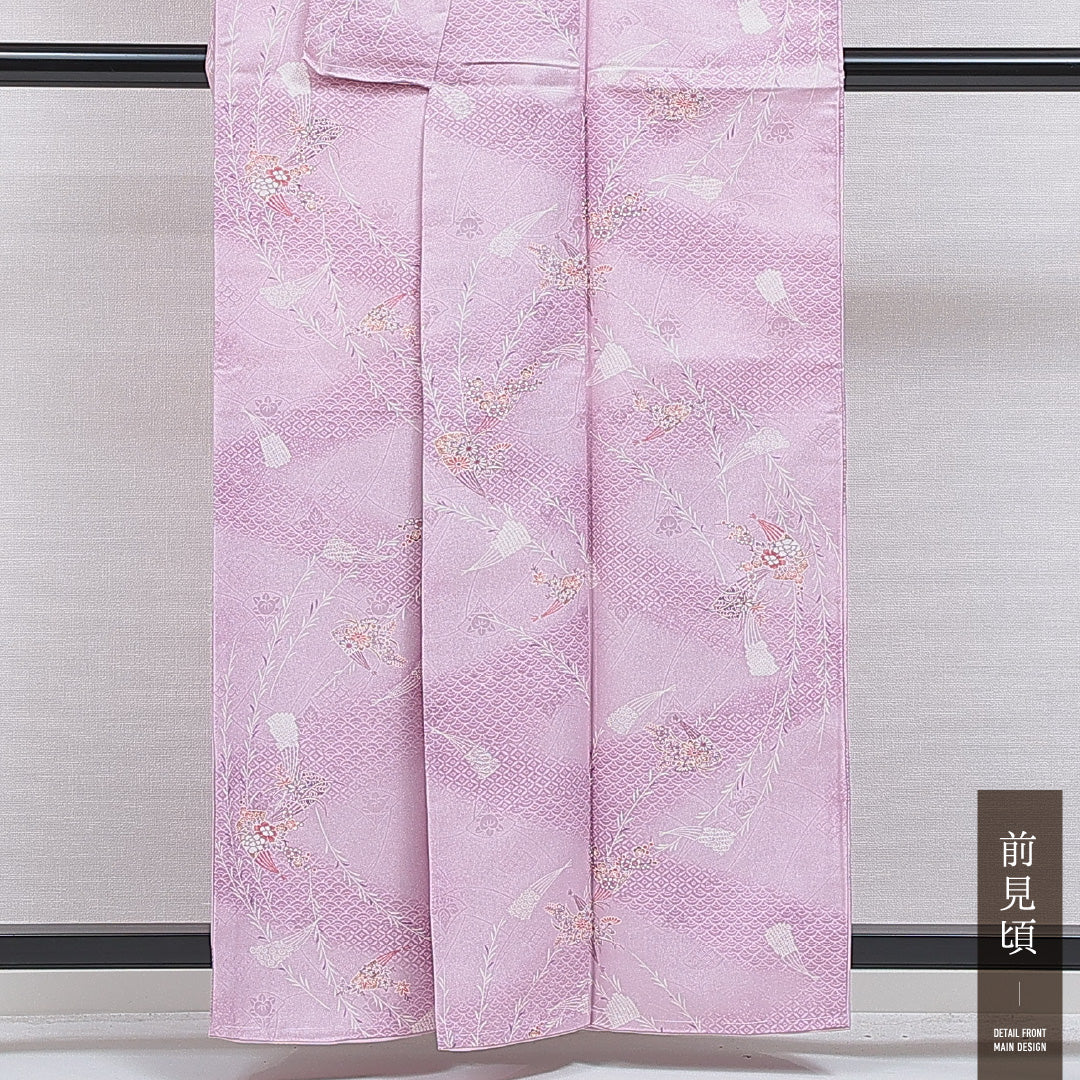 洗える着物 小紋 袷 身丈158cm 裄丈64cm ポリエステル Sランク インフォーマル 広衿 Mサイズ 吉祥文様 紫系 RP 1221-15981