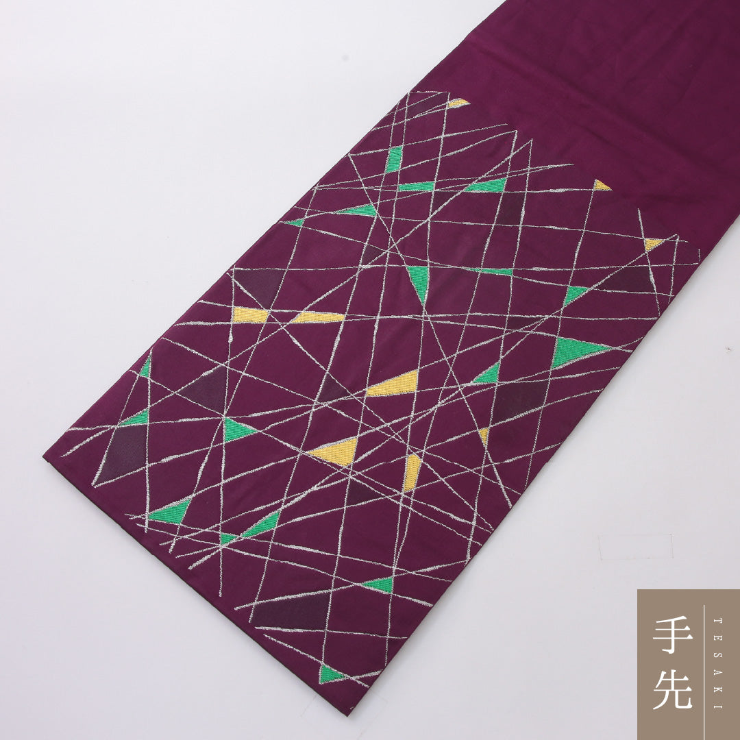 袋帯 帯丈434cm インフォーマル 六通 帯芯なし Cランク 正絹 創作柄 紫系 1223-02246