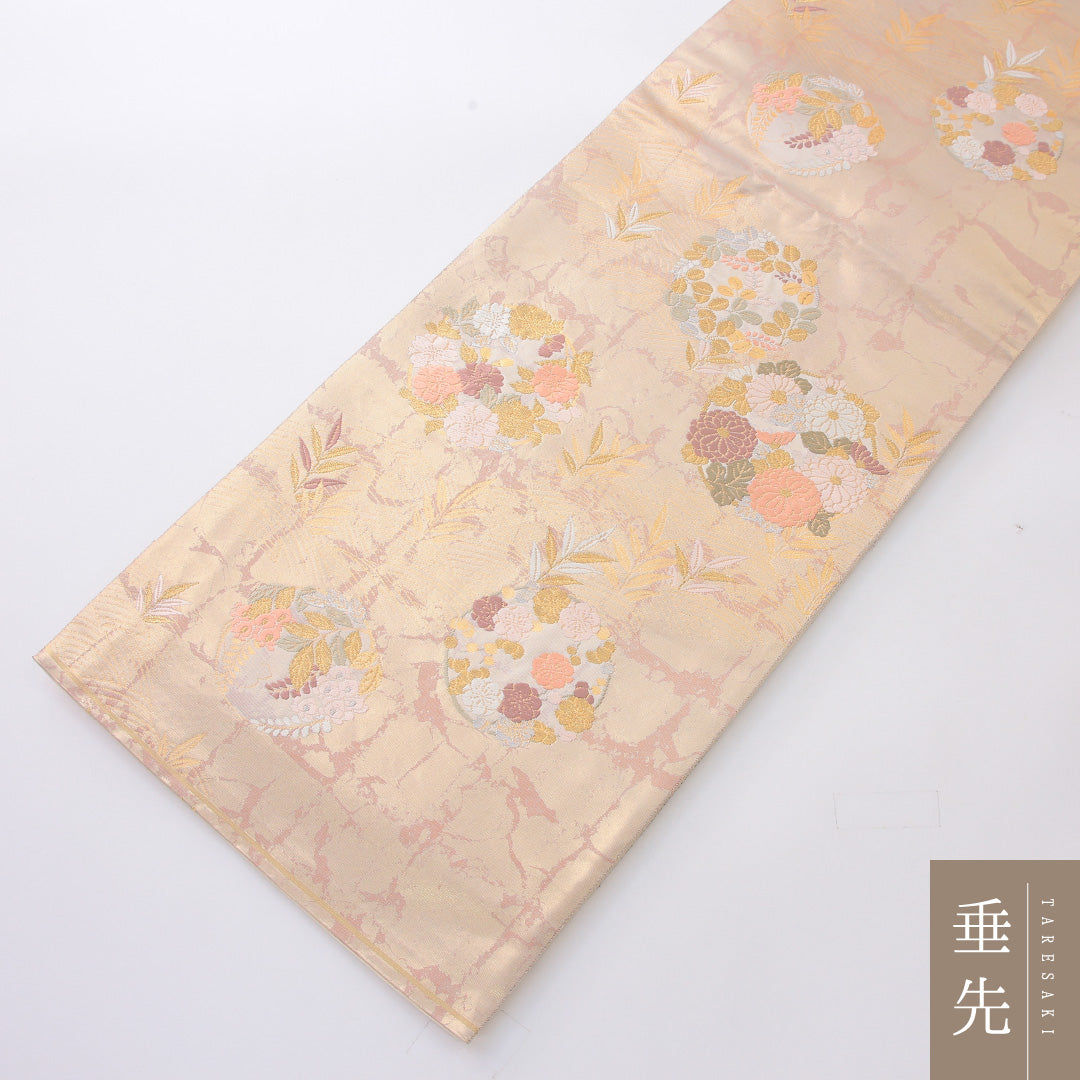 袋帯 帯丈448cm フォーマル 六通 Sランク 正絹 花文 金系 ピンク系 1223-02186