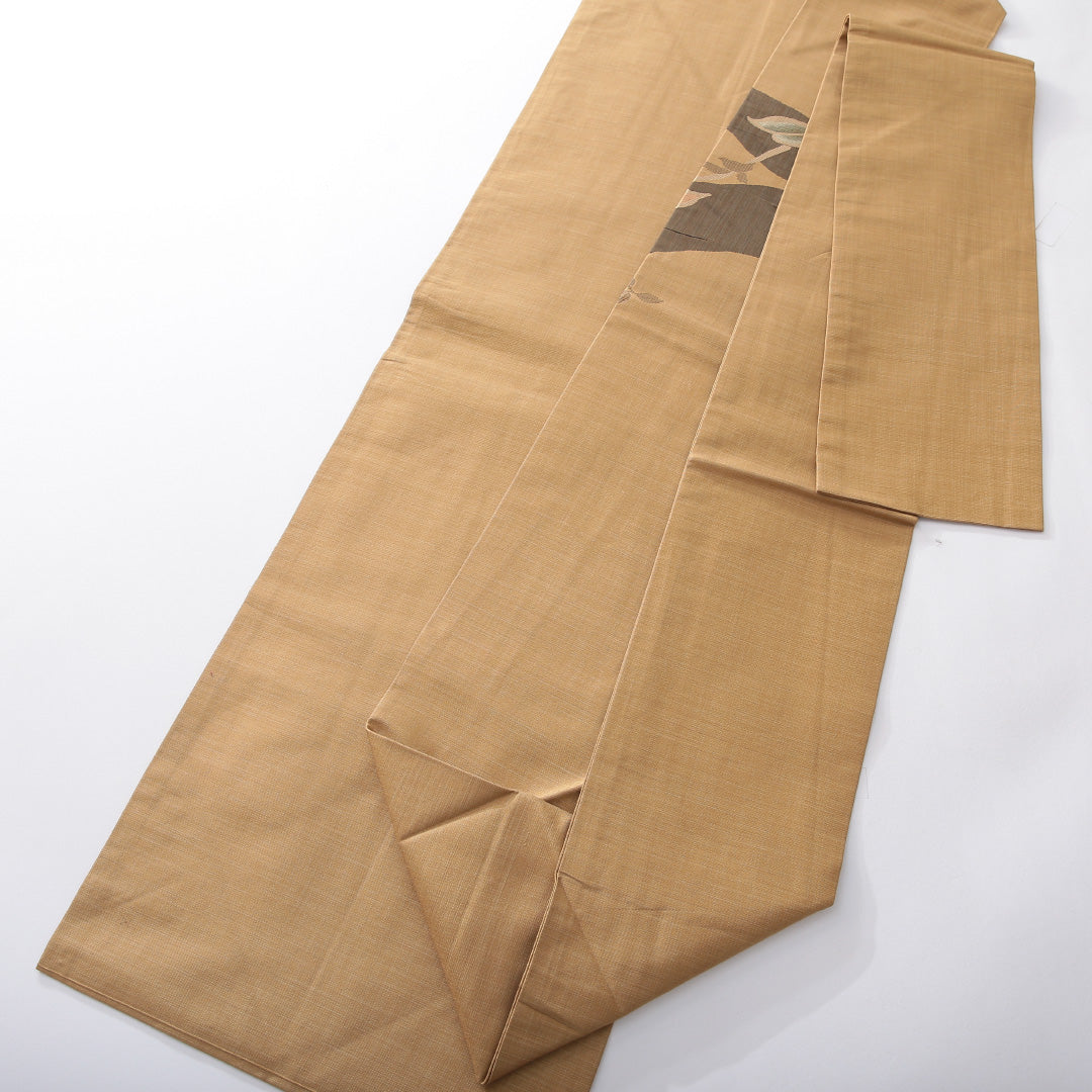 九寸名古屋帯 帯丈361cm カジュアル 名古屋仕立て ポイント柄 Dランク 正絹 ふくれ織 植物柄 ベージュ系 1224-03918