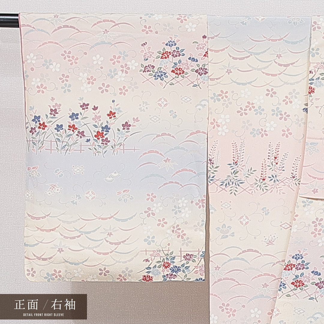 小紋 袷 身丈161cm 裄丈64cm 正絹 Cランク インフォーマル 広衿 Lサイズ 古典柄 クリーム系 HP 1221-15509