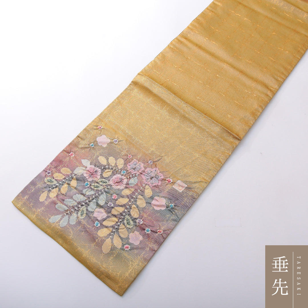 袋帯 帯丈448cm 正絹 ポイント柄 帯芯なし フォーマル ふくれ織 辻が花 落款 黄系 1243-02111