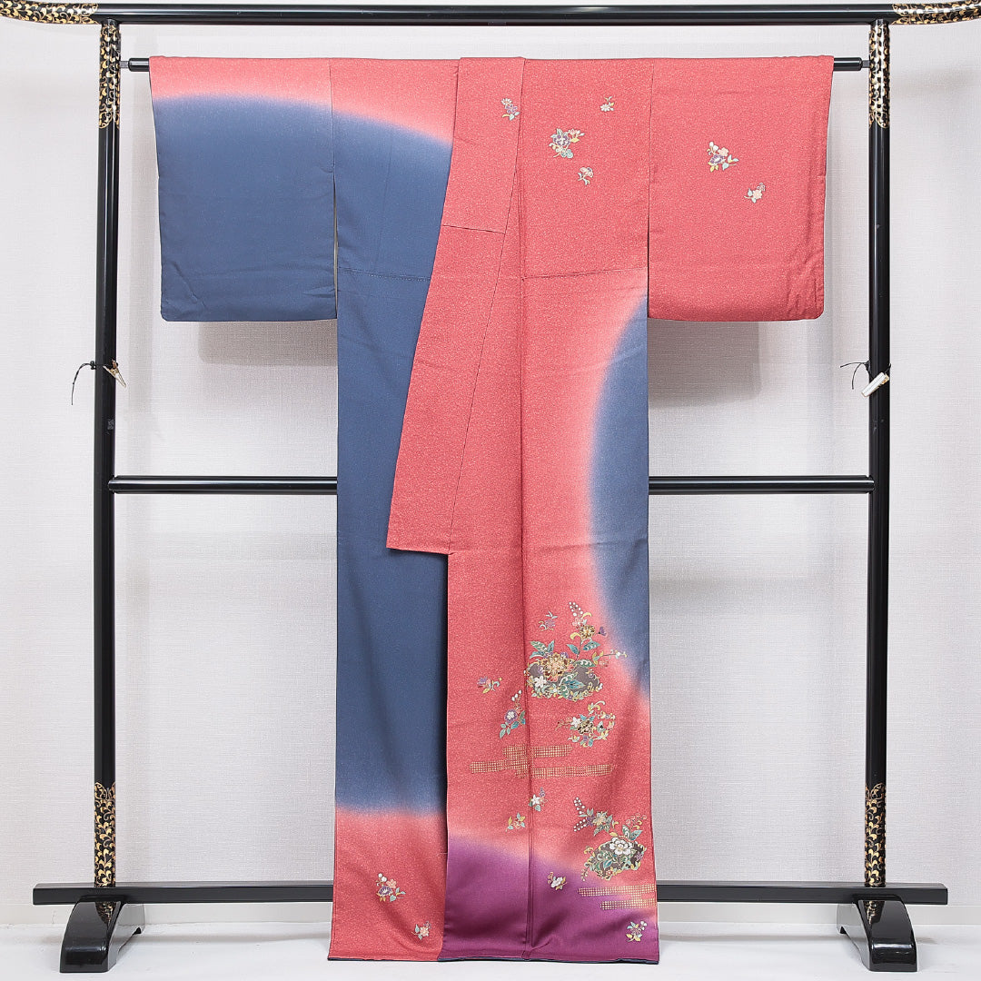 訪問着 袷 身丈169cm 裄丈64cm 正絹 Sランク セミフォーマル 広衿 XLサイズ 金駒刺繍 唐華 古典的 華やか 多色系 M4 1217-15096