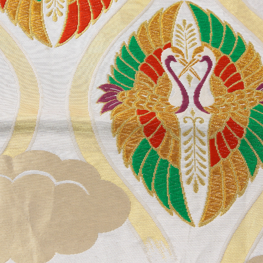 袋帯 帯丈420cm フォーマル 六通 帯芯なし Sランク 正絹 向かい鳥 よろけ縞 白系 1223-02245