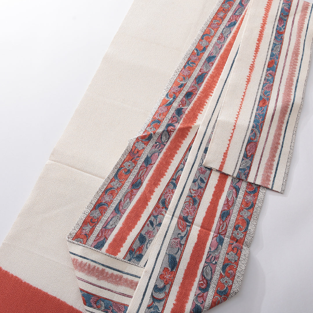 九寸名古屋帯 帯丈370cm インフォーマル 名古屋仕立て 全通 Cランク 正絹 染め帯 ちりめん 更紗 花柄 植物柄 クリーム系 1224-03907