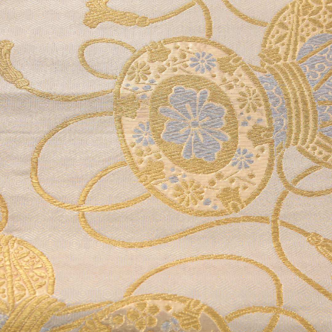 アンティーク 袋帯 帯丈416cm 六通 未仕立て 帯芯なし Aランク 正絹 鼓 金系 クリーム系 1223-02322