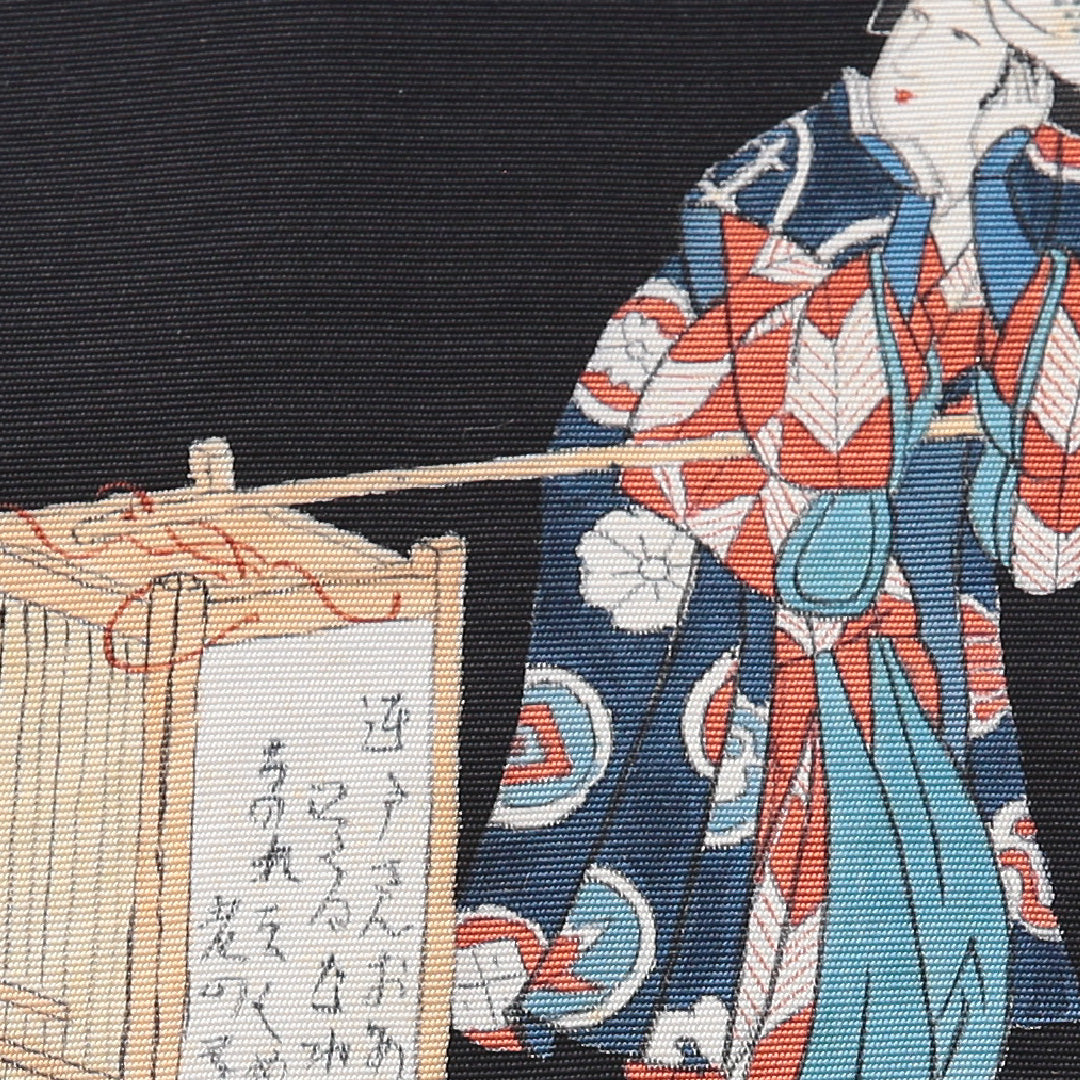 九寸名古屋帯 帯丈372cm カジュアル 名古屋仕立て ポイント柄 Bランク 正絹 染め帯 塩瀬 御茶売り 作家物 落款 黒系 1224-03917