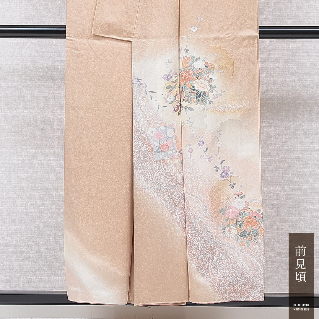 訪問着 袷 身丈153cm 裄丈62cm 正絹 Sランク Sサイズ 広衿 セミフォーマル 雪輪 牡丹 ぼかし染 金彩 ピンク系 クリーム系 1212-15878