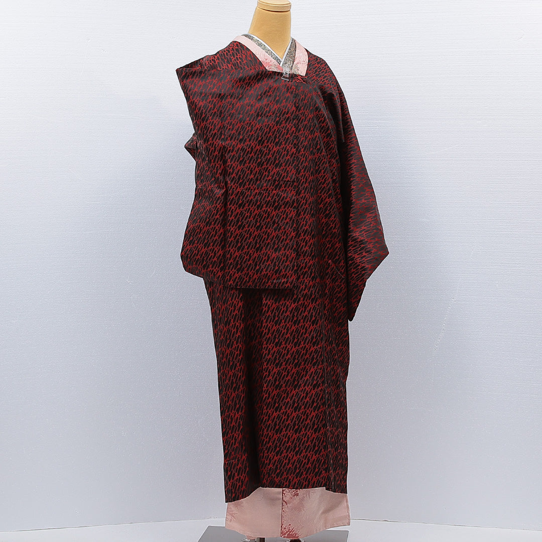 道行コート 単衣 身丈128cm 裄丈65cm 正絹 Aランク セミフォーマル Mサイズ ポケットあり 抽象柄 赤系 RP 1237-15245