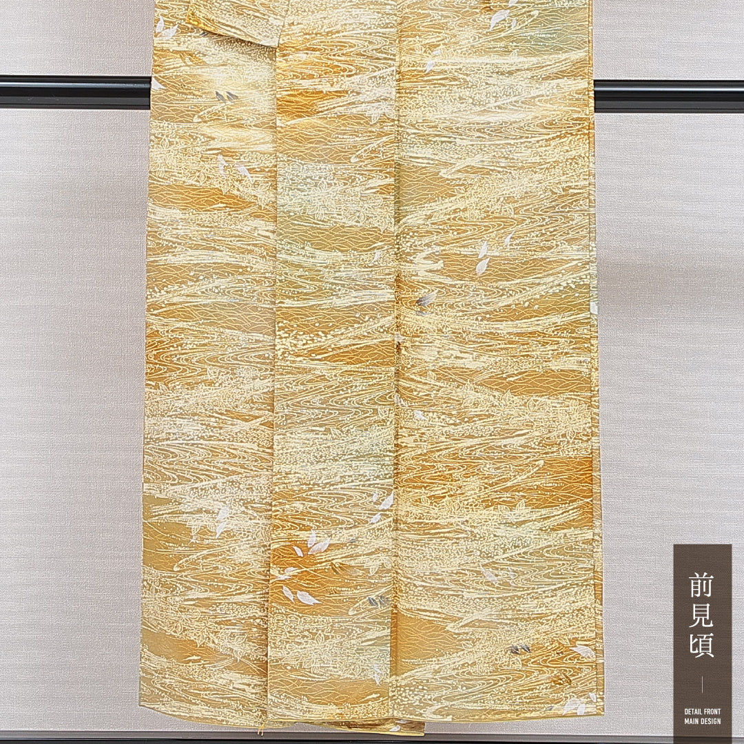 洗える着物 小紋 袷 身丈146cm 裄丈64cm ポリエステル Bランク インフォーマル 広衿 XSサイズ 流水 植物柄 黄系 HP 1221-16010