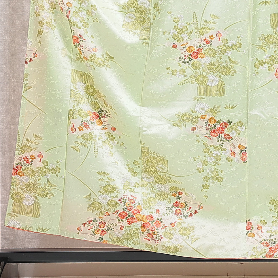 小紋 洗える着物 袷 身丈157cm 裄丈66cm ポリエステル Cランク Mサイズ 広衿 インフォーマル 光悦垣 菊 緑系 1215-16385