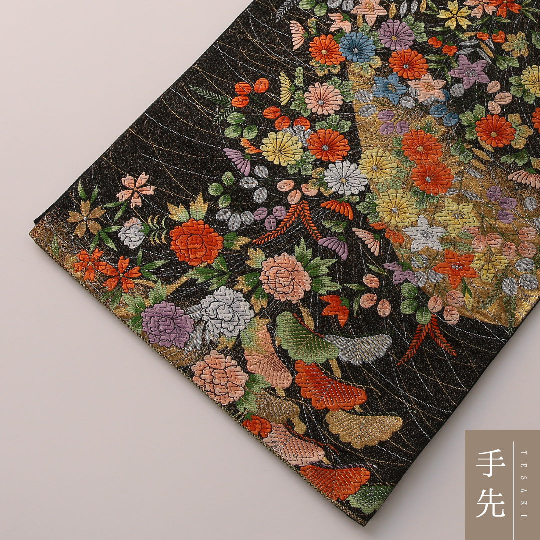 袋帯 帯丈424cm フォーマル 六通 Sランク 正絹 菊 笠松 黒系 金系 1223-01904