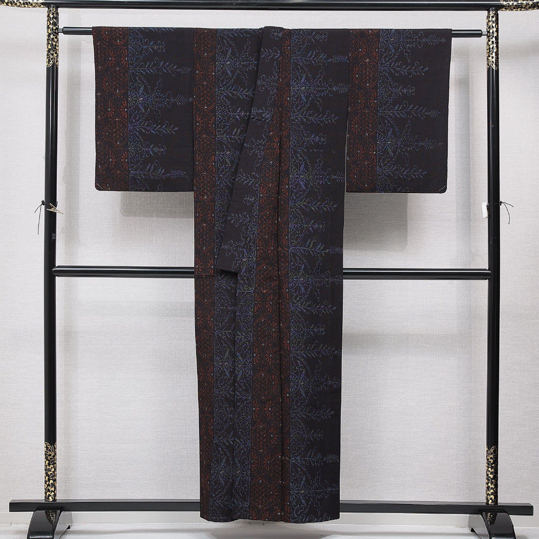 紬 単衣 身丈155cm 裄丈62cm 正絹 Sランク Mサイズ バチ衿 カジュアル 創作柄 茶系 1216-15666