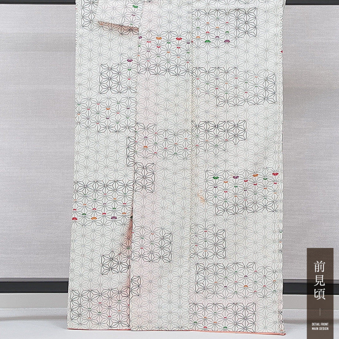 小紋 洗える着物 袷 身丈162cm 裄丈63cm ポリエステル Bランク Lサイズ 広衿 インフォーマル 麻の葉 白系 1215-15798