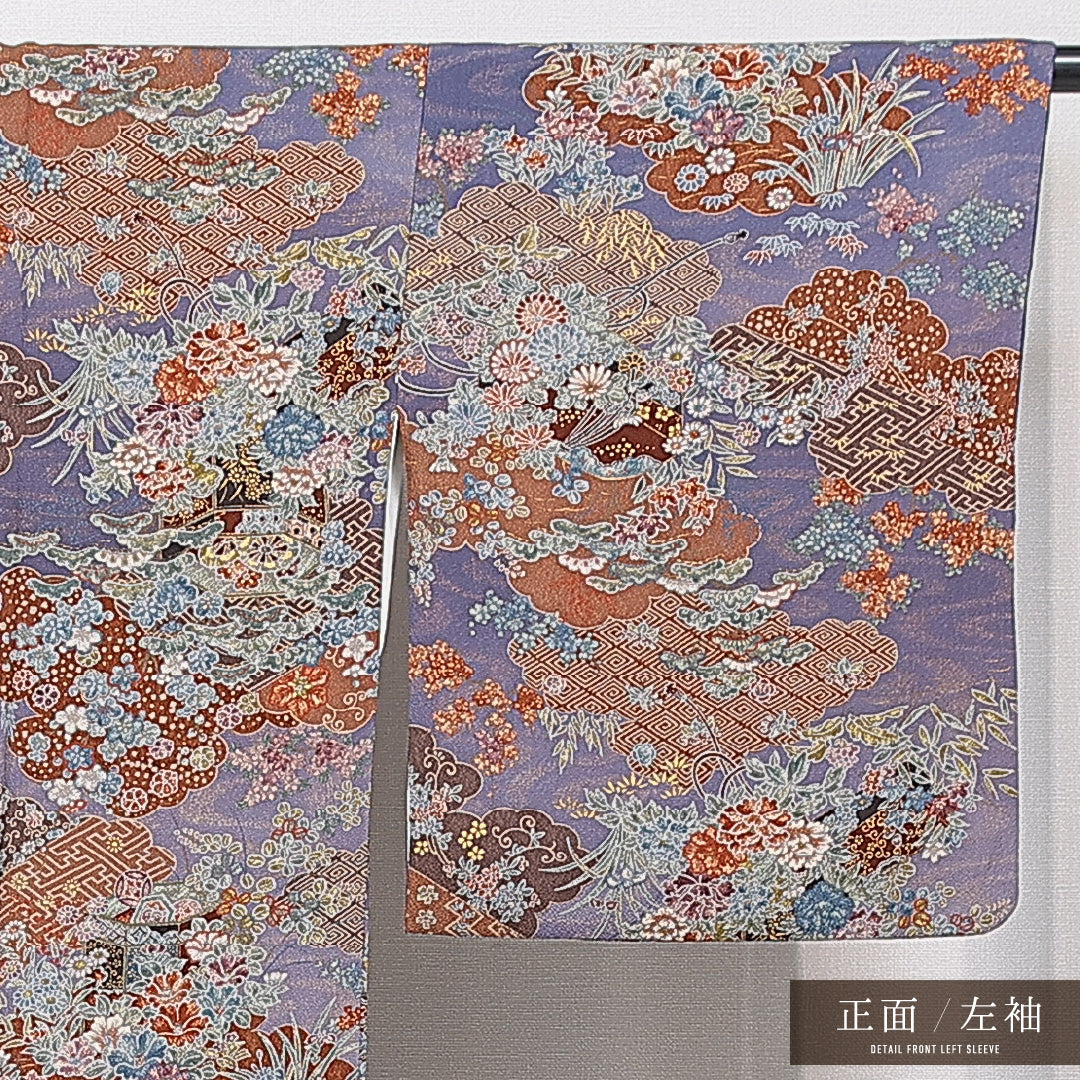 小紋 袷 身丈161cm 裄丈64cm 正絹 Sランク インフォーマル 広衿 Lサイズ 吉祥文様 紫系 RP 1221-15551