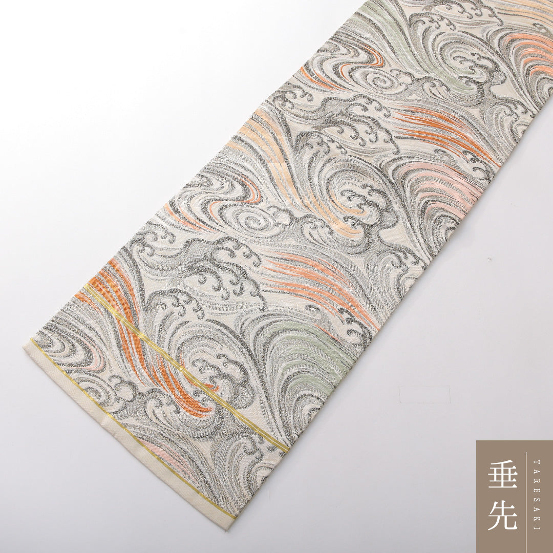 九寸名古屋帯 帯丈339cm カジュアル 名古屋仕立て 六通 Aランク 正絹 波 クリーム系 1224-03819