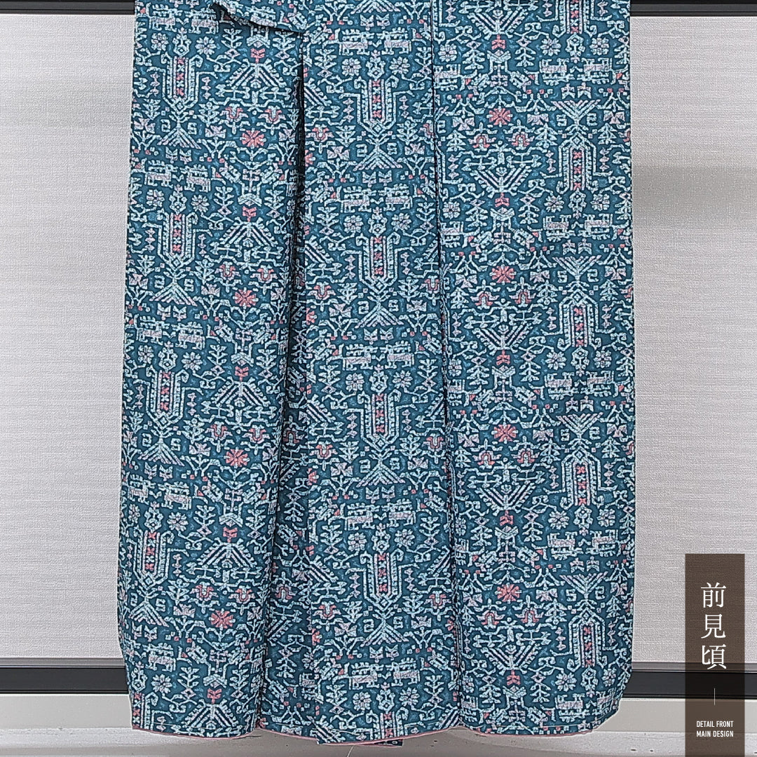小紋 袷 身丈156cm 裄丈64cm 正絹 Sランク インフォーマル 広衿 Mサイズ 抽象柄 青系 RP 1221-15882