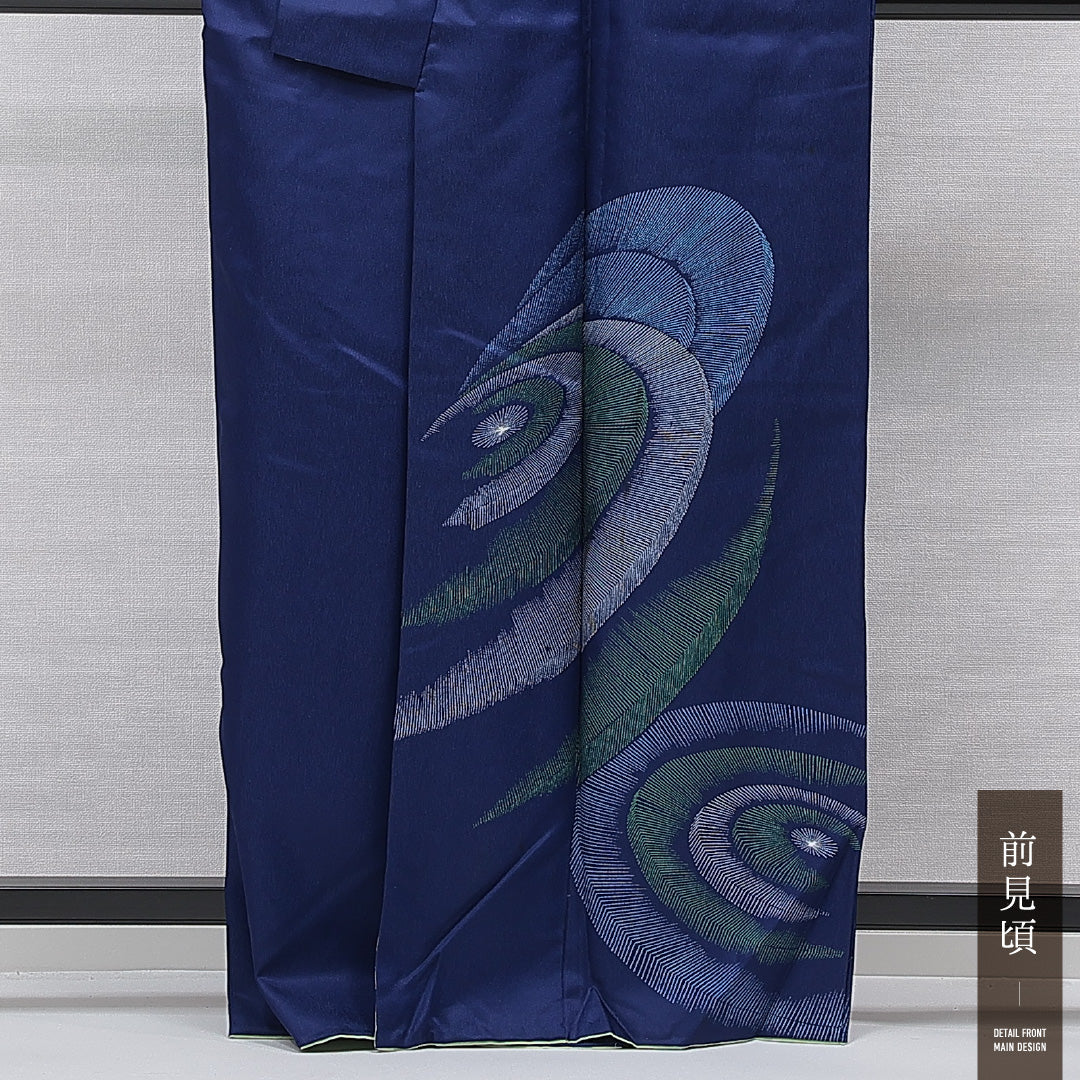 洗える着物 付下げ 袷 身丈163cm 裄丈64cm ポリエステル Aランク インフォーマル 広衿 Lサイズ 幾何学柄 青系 RP 1218-15504