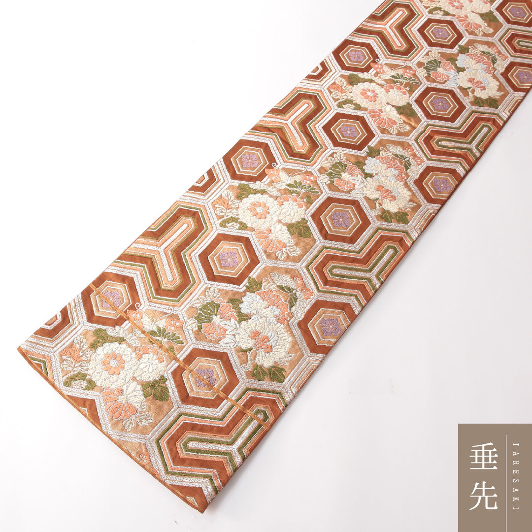 袋帯 帯丈416cm 正絹 六通 未仕立て フォーマル 毘沙門亀甲 古典柄 証紙 茶系 1243-01756