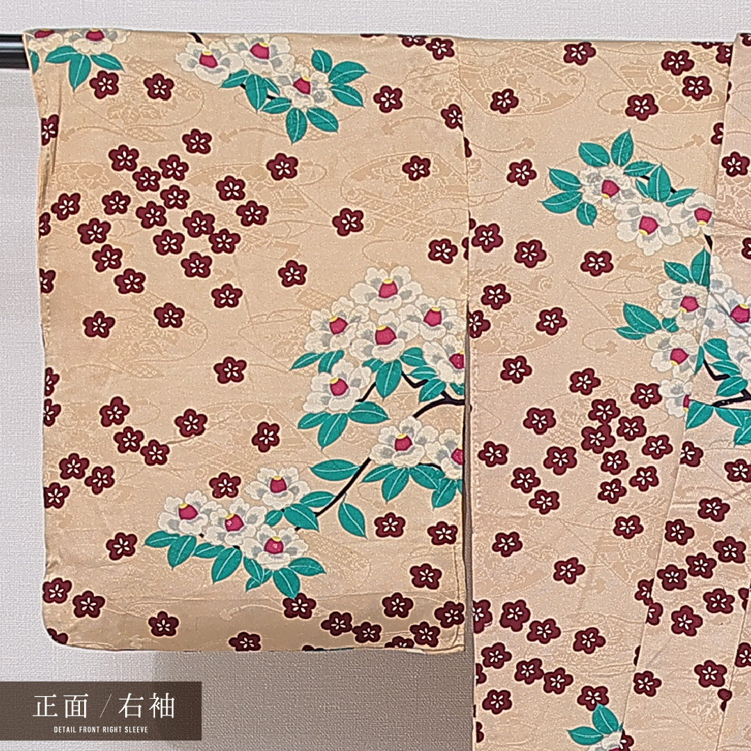 アンティーク 小紋 袷 身丈150cm 裄丈61cm 正絹 Cランク バチ衿 Sサイズ 椿 ベージュ系 M4 1221-16747